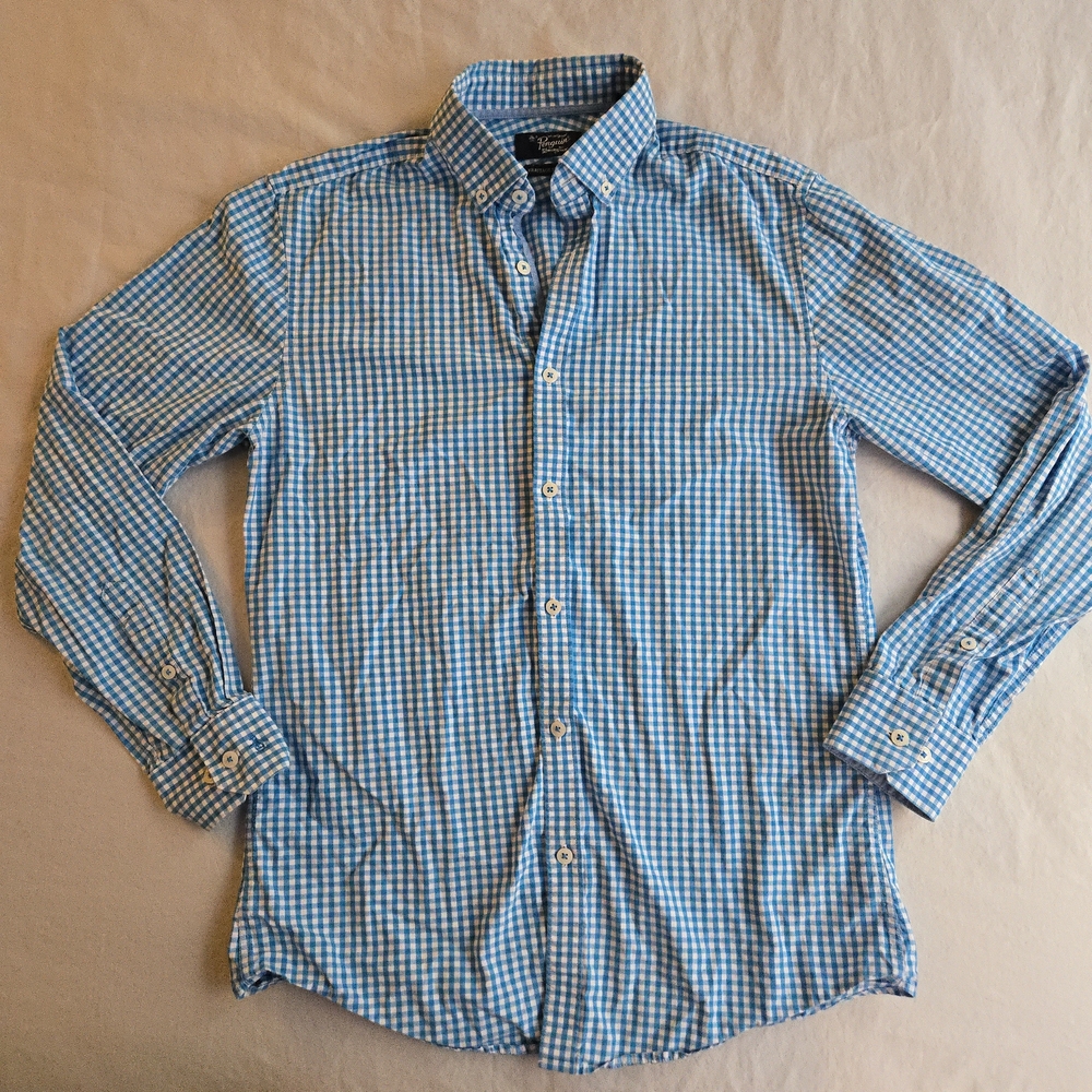 Original Penguin Sky Blue and White Gingham Checkered Heritage Slim Fit Shirt